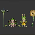 Plant Themed Cartoon Characters With Green Hats White Flower And Dandelion Sphere
