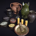 Traditional Household Items With Clay Jugs Ceramic Bowls Spices Yellow Candles And Mortar Pestle