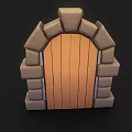 Medieval Style Wooden Door With Stone Arch Frame And Metal Hinges