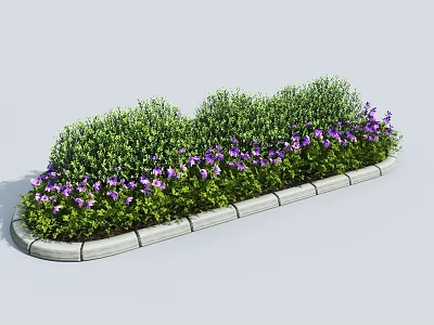 Lush Green Shrubs With Purple Flowers In Garden Flower Bed With Concrete Border 3d model