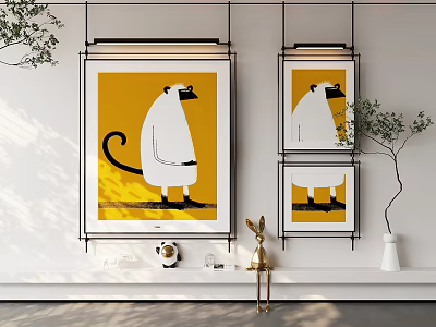 Minimalist White Rat Animal Paintings With Yellow Background Black Framed Hanging On White Wall 3d model