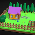 Cartoon House With Purple Roof Yellow Walls Wooden Fence Green Trees Vegetable Garden And Path