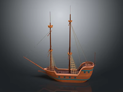 Wooden Ship Model With Two Masts Detailed Hull And Blue Accents 3d model