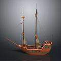 Wooden Ship Model With Two Masts Detailed Hull And Blue Accents