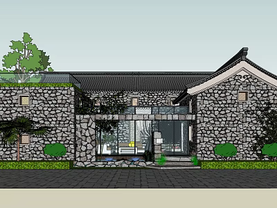 Traditional Chinese Guesthouse Architecture Featuring Stone Walls Tile Roof Glass Doors And Green Trees 3d model