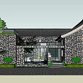 Traditional Chinese Guesthouse Architecture Featuring Stone Walls Tile Roof Glass Doors And Green Trees