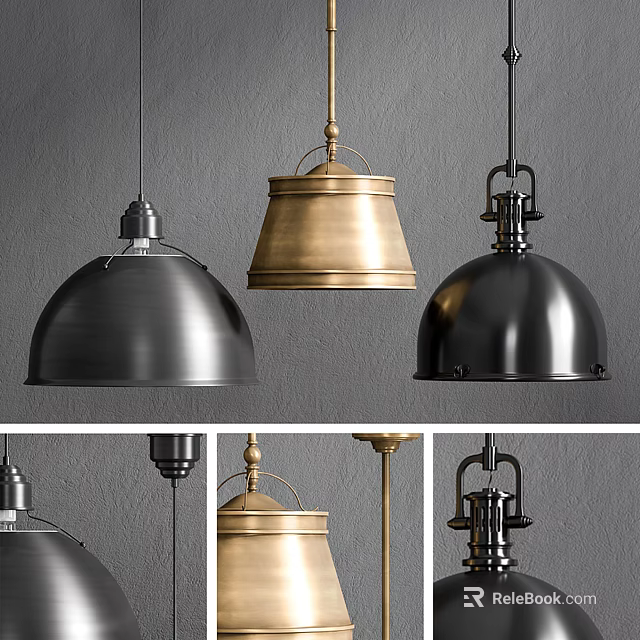 Modern Industrial Pendant Lights With Black And Gold Metal Dome Shades Design 3d model 