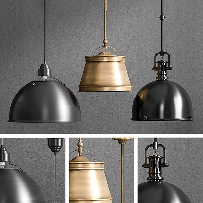 Modern Industrial Pendant Lights With Black And Gold Metal Dome Shades Design 3d model