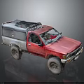 Vintage Red Pickup Truck With Gray Roof Storage Box And Off Road Tires