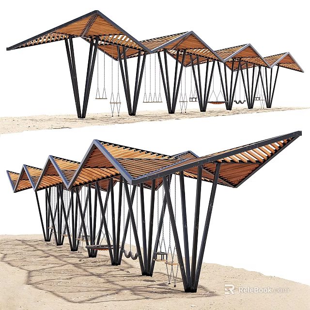 Industrial Equipment Featuring Wooden Roof and Black Metal Frames with Hanging Swings Outdoor 3d model 