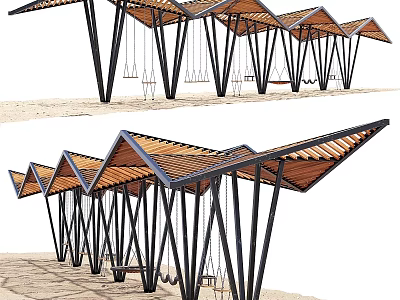 Industrial Equipment Featuring Wooden Roof and Black Metal Frames with Hanging Swings Outdoor 3d model