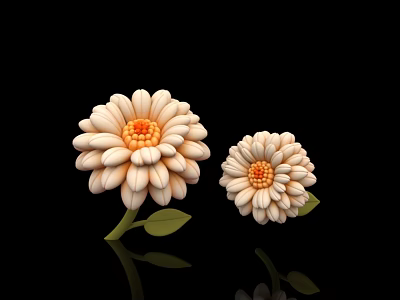 Cream Colored Dahlia Flowers With Orange Centers And Green Leaves Against Black Background With Reflections 3d model