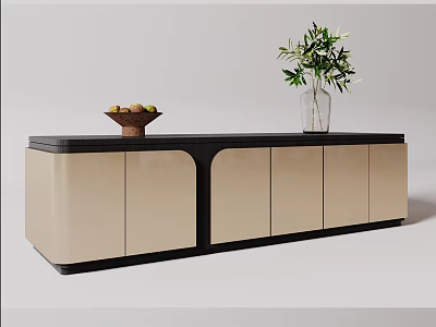 Modern TV Stand With Beige And Black Design Featuring Fruit Basket And Green Plant 3d model