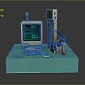 Vintage Computer Setup With Monitor Keyboard Printer And Soda Bottle On Blue Platform