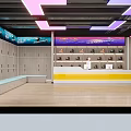 Modern Store Front Desk with Yellow Counter Shoe Display Shelves Neon Lights and Lockers