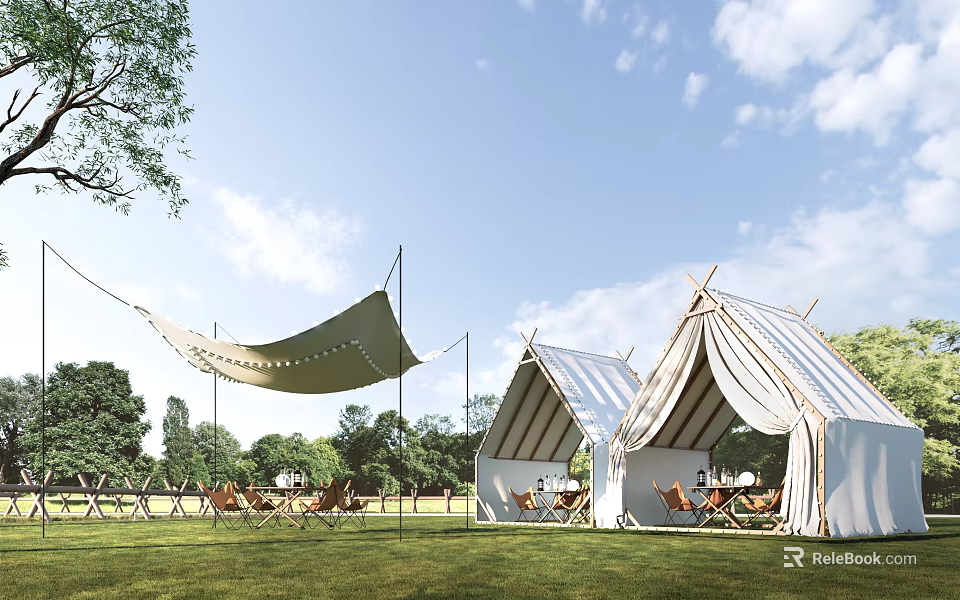 Glamping Tents In Outdoor Grassy Field With Trees Canopy Seating And Blue Sky View 3d model 