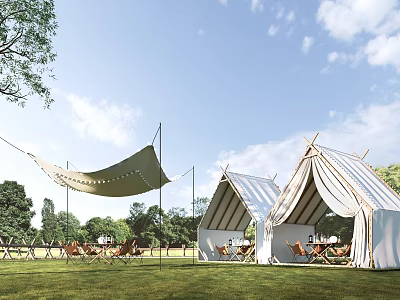Glamping Tents In Outdoor Grassy Field With Trees Canopy Seating And Blue Sky View 3d model