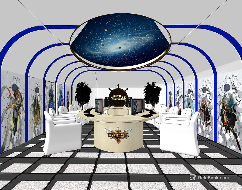 Internet Cafe Interior Featuring Starry Ceiling Blue Curved Frames White Chairs And Anime Posters 3d model 