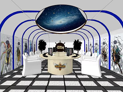 Internet Cafe Interior Featuring Starry Ceiling Blue Curved Frames White Chairs And Anime Posters 3d model