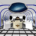 Internet Cafe Interior Featuring Starry Ceiling Blue Curved Frames White Chairs And Anime Posters