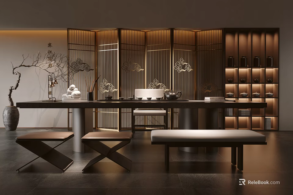Modern Tea Room Interior With Wooden Sliding Screens Tea Table And Warm Lighting 3d model 