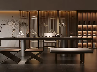 Modern Tea Room Interior With Wooden Sliding Screens Tea Table And Warm Lighting 3d model