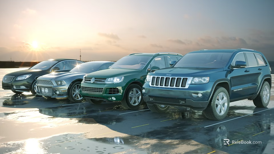 Green Blue And Black Cars Including SUV Models Parked In Outdoor Parking Lot With Sunlight 3d model 