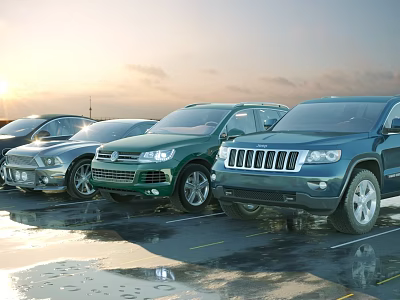 Green Blue And Black Cars Including SUV Models Parked In Outdoor Parking Lot With Sunlight 3d model