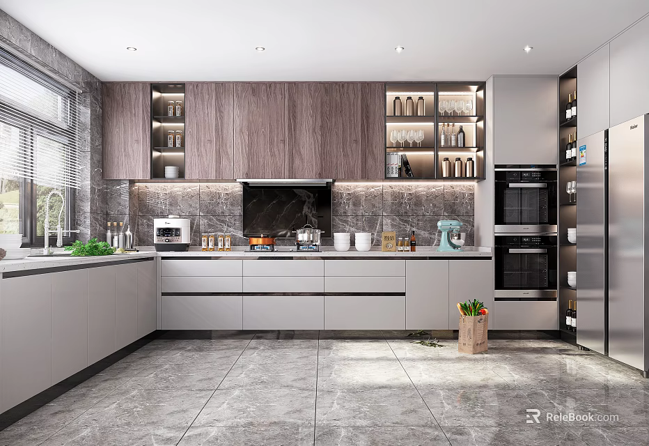 Modern Open Kitchen Interior With Wooden Cabinets And Marble Countertop Appliances 3d model 
