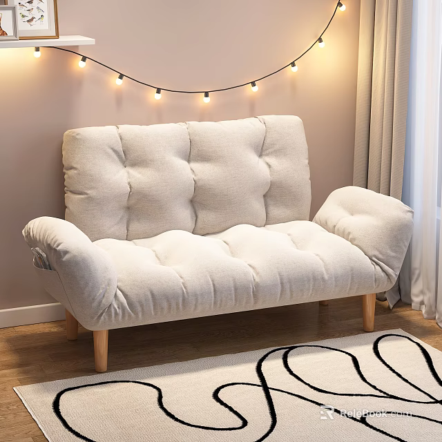 Cozy Light Beige Two Seater Sofa With Plush Tufted Design Wooden Legs In Living Room 3d model 