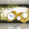 Forest Themed Interior Decor With Trees Grass And Yellow Leaf Shaped Mirrors 3d model