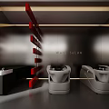 Stylish Modern Hair Salon Interior With Gray Styling Chairs And Red Decorative Strips