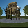 Wooden Treehouse Design With Stairs Balcony Surrounding Trees Grass Paved Ground And Blue Sky