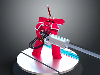 Red Robot With Long Gun And Sword Standing On White Platform With Blue Light Effects 3d model
