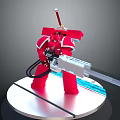 Red Robot With Long Gun And Sword Standing On White Platform With Blue Light Effects