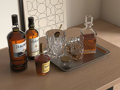 Stylish Whiskey Bottles and Crystal Glasses on Metal Tray for Tabletop Display with Wooden Surface 3d model