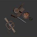 Vintage Rustic Scene With Axe On Wooden Stump Gun Bucket Shackle And Chilies