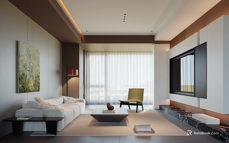 Modern Living Room Interior With Sofa Coffee Table Green Chair And Floor To Ceiling Curtains 3d model 
