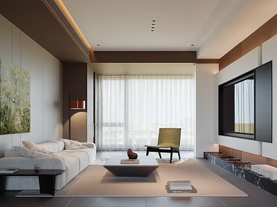 Modern Living Room Interior With Sofa Coffee Table Green Chair And Floor To Ceiling Curtains 3d model