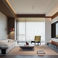 Modern Living Room Interior With Sofa Coffee Table Green Chair And Floor To Ceiling Curtains