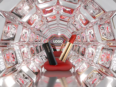 Activity Channel With Mirror Diamond Structure Showcasing Red Platform Lipsticks And Logo 3d model