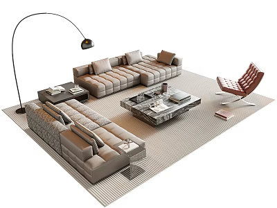 Modern Sofa and Coffee Table Set with Floor Lamp Armchair and Rug in Living Room 3d model