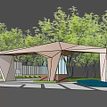Modern Geometric Entrance Gate with Glass Panels Surrounded by Green Trees and Driveway