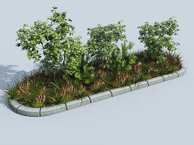 Roadside Landscaping Facilities with Green Shrubs Trees and Grass Curb Stones 3d model