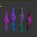 Four purple abstract plants with blue textured bases on dark surface