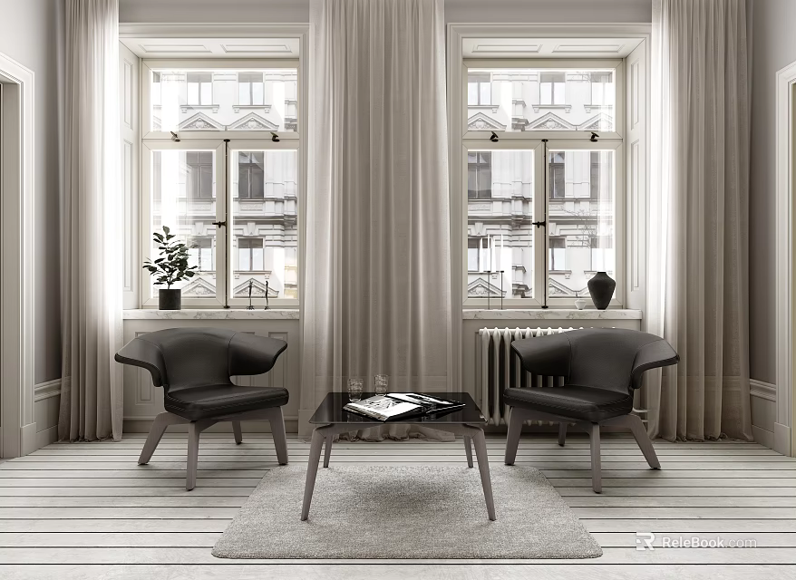 Modern Living Room Seating With Black Chairs And Coffee Table By Windows On Striped Floor 3d model 