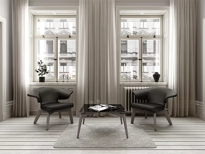 Modern Living Room Seating With Black Chairs And Coffee Table By Windows On Striped Floor 3d model