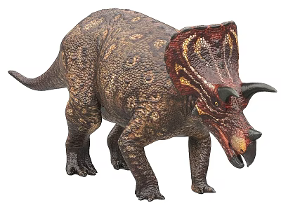 Realistic Triceratops Dinosaur Model With Brown Red Spotted Skin And Large Frill 3d model