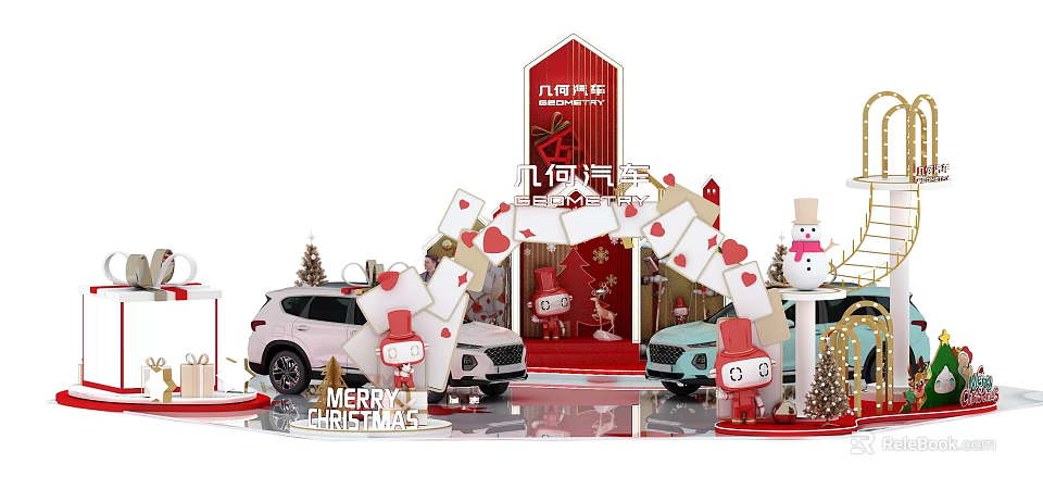 Festive Christmas Scene With Decorated Cars Snowman Trees Gifts And Archway 3d model 