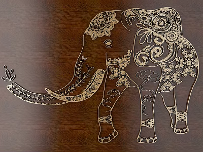 Intricate Carved Elephant Artwork on Dark Wooden Surface with Detailed Ornate Patterns 3d model